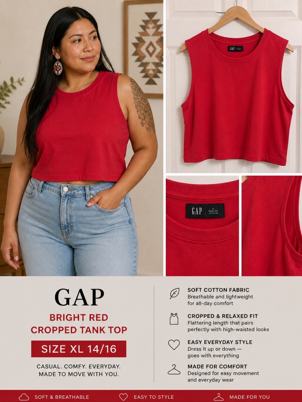 GAP Women's Bright Red Cropped Casual Tank Top XL 14/16 Quality